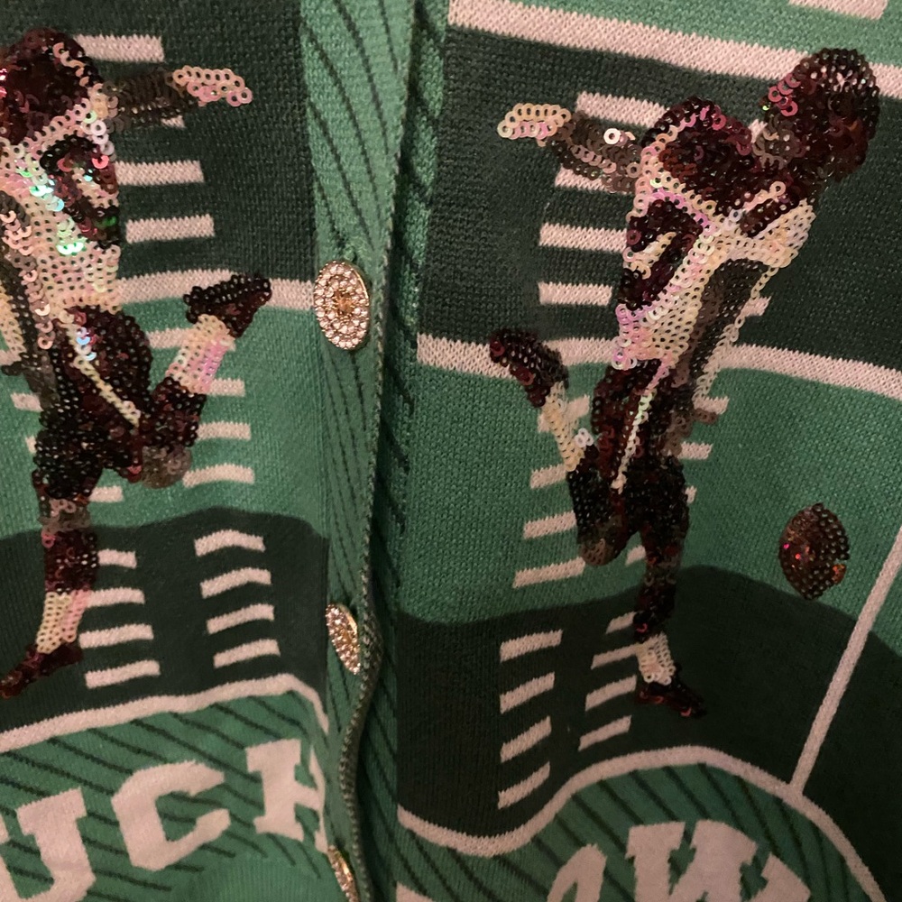 QUEEN OF SPARKLES Green Sequin Football Touchdown Cardigan - Picture 7 of 16